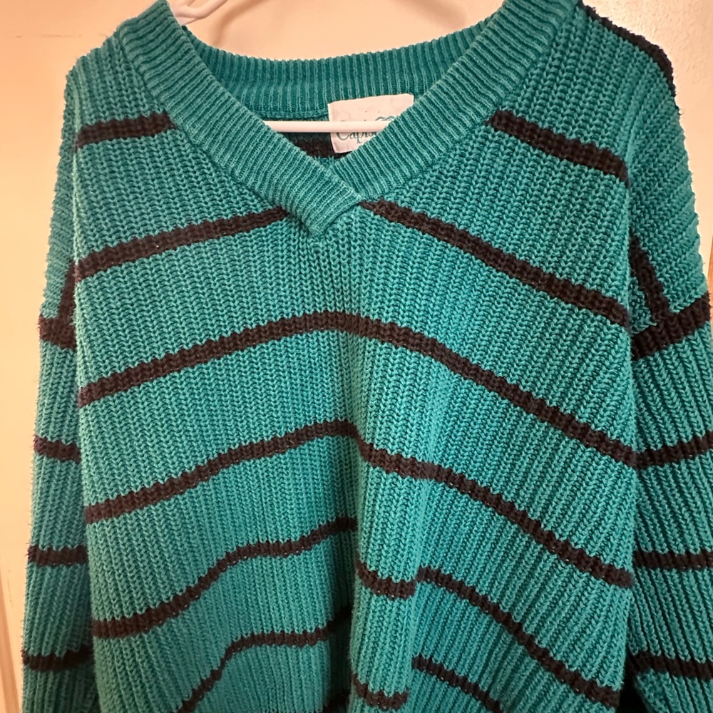 Teal vintage V-neck striped sweater